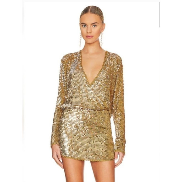 Retrofete Lucia Sequin Crochet Dress in Ginger Deep V Neck Size XS/S NWT - Picture 1 of 11